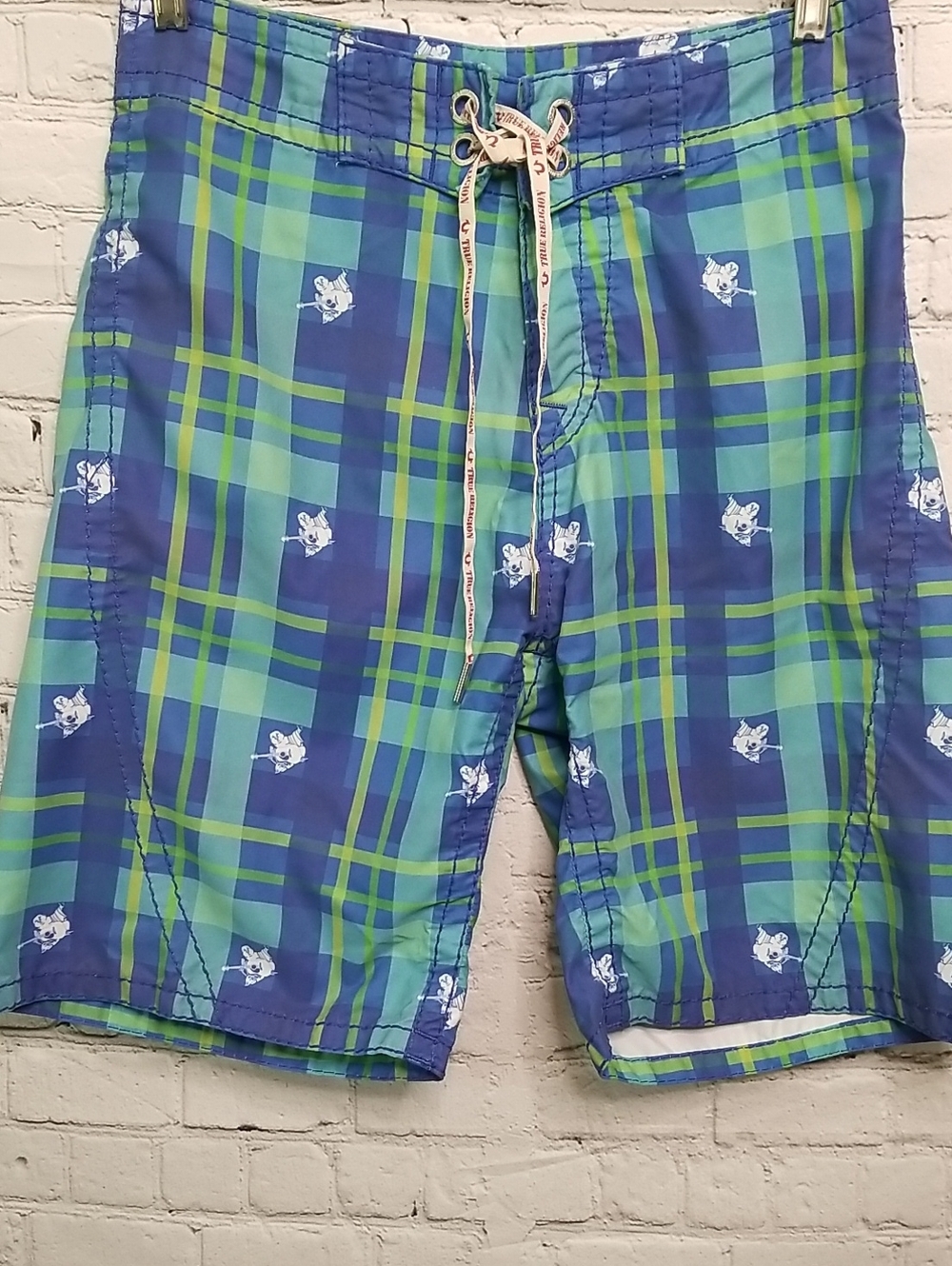TRUE RELIGION Mens Board Shorts Small Blue Green Plaid
